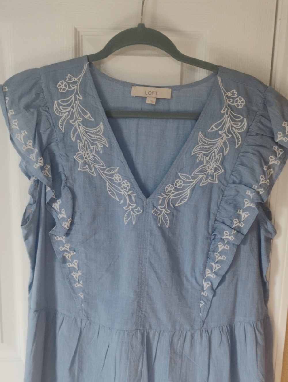 LOFT embroidered chambray flutter sleeve peplum top - Picture 2 of 5